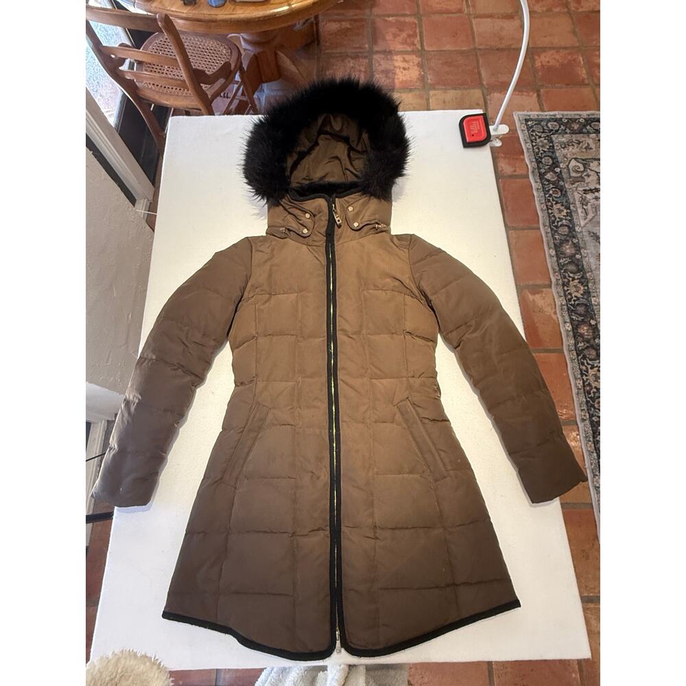 Zara Basic Down Hooded Puffer Coat Faux Fur Trim Brown Size M
